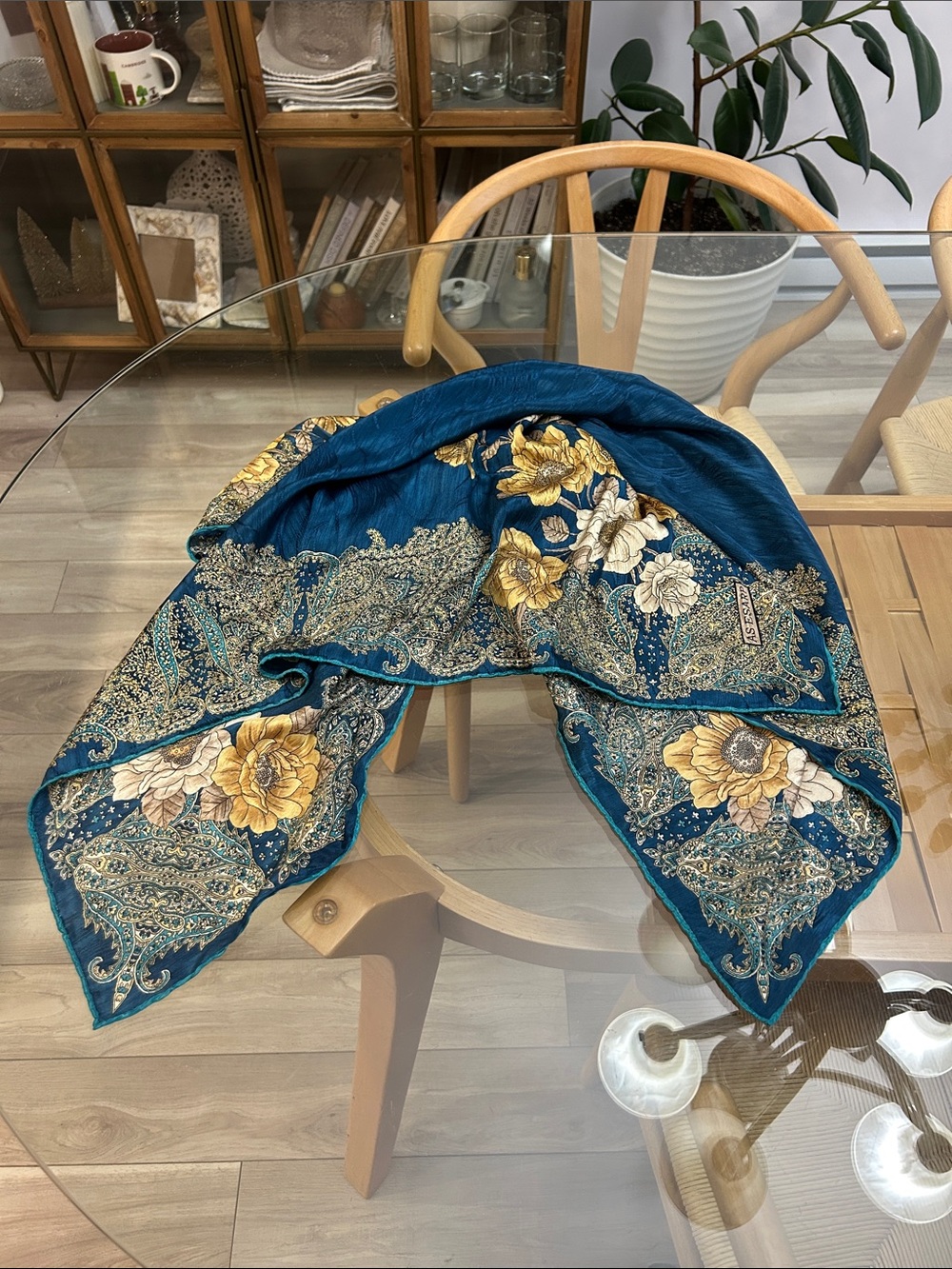Teal Floral Paisley Silk Scarf with Gold Roses